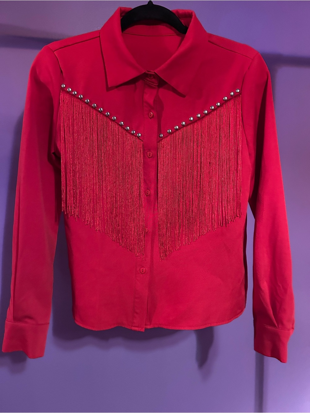Red Fringe Western Button-Up Shirt with Studs
